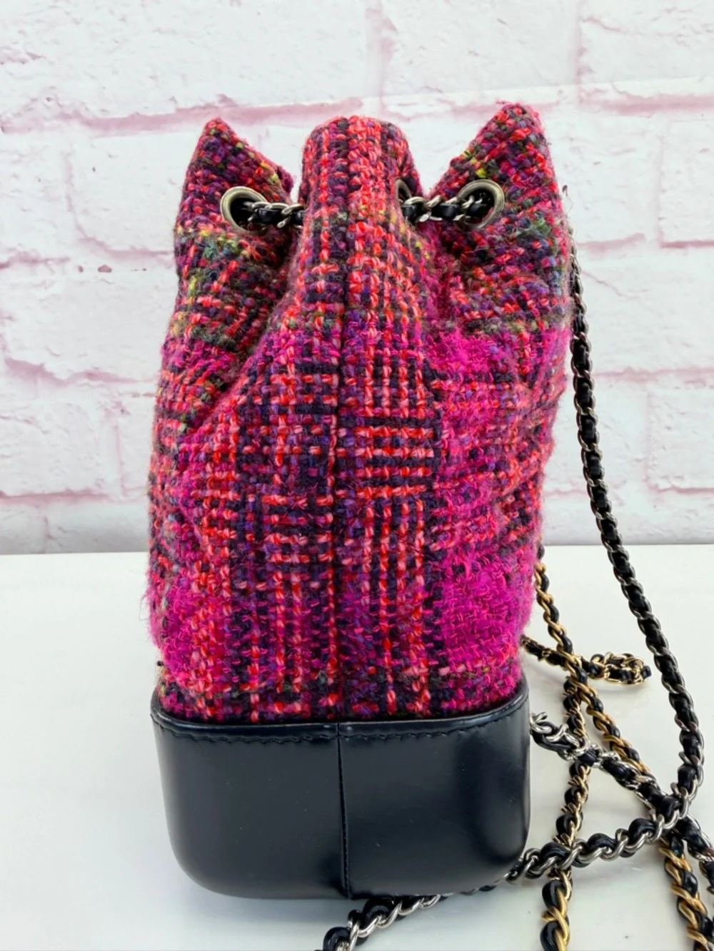 Chanel Tweed Calfskin Quilted Gabrielle Backpack Pink Multicolor